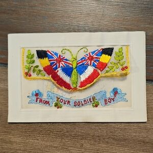 Embroidered Antique 1917 WW1  Butterfly Silk Postcard From Your Soldier Boy